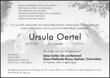Traueranzeige von Ursula Oertel von Pegnitz-Zeitung